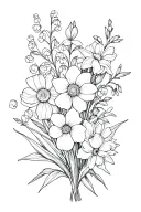 bouquet with daffodil, daisy, lily of the valley, gladiolus, morning glory, marigold, and peony tattoo design idea