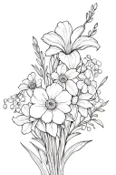 bouquet with daffodil, daisy, lily of the valley, gladiolus, morning glory, marigold, and peony tattoo design idea
