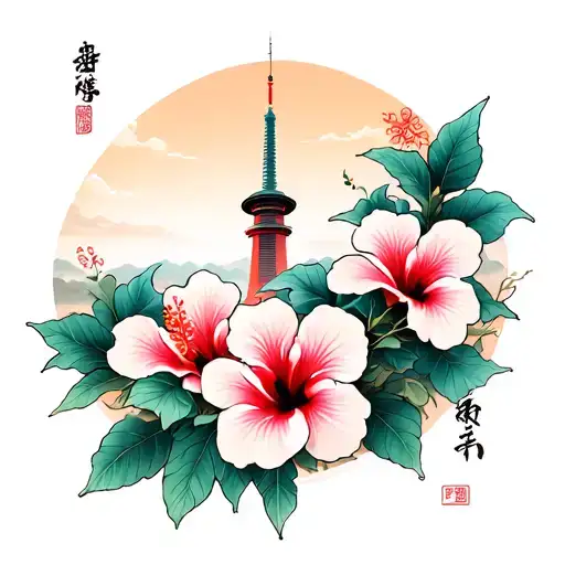 A Korean range with the Seoul Tower, hibiscus flowers and a traditional coreen knot tattoo design idea