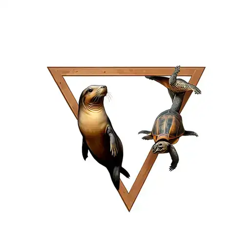 Galapagos sea lion and a Galapagos tortoise within an upside down triangle frame tattoo design idea
