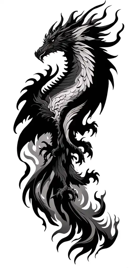 fire breathing dragon and phoenix rising from flames tattoo design idea