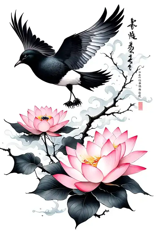 black mist around lotus flowers on a thin long branch, Japanese bird flying, main colors are light pink and black  tattoo design idea