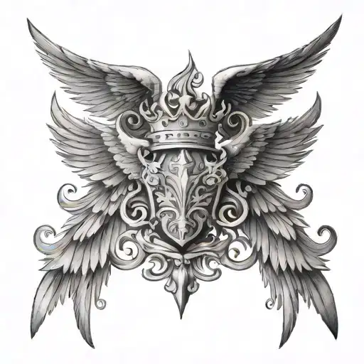 m with a crown and wings and angles wings tattoo design idea