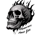 skull and flames with memento mori amor fati written tattoo design idea