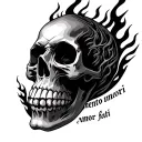 skull and flames with memento mori amor fati written tattoo design idea