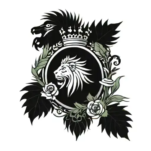 Scottish clan crest heraldry crown surrounded by Scottish thistles, roses, unicorn and lion rampant  tattoo design idea