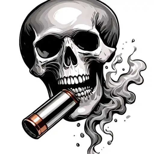 skull with bullet casing in its mouth with smoke coming out of the bullet tattoo design idea