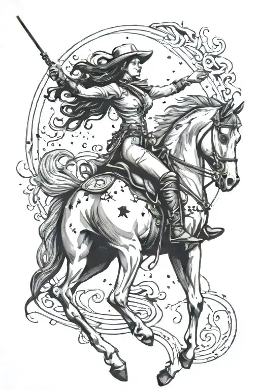 capricorn constellation above cowgirl on horse galloping tattoo design idea