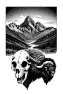 teton mountains with "delicate arch" and bison and bison skull tattoo design idea