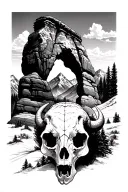 teton mountains with "delicate arch" and bison and bison skull tattoo design idea