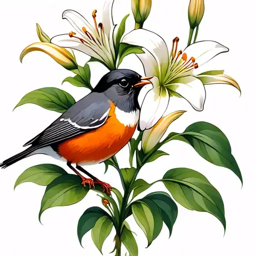 Madonna Lily flower growing amidst American robin bird tattoo design idea