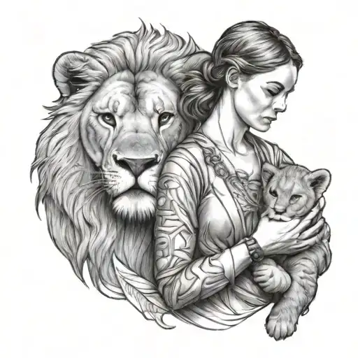 A woman wearing an Olympic medal and holding a lion cub tattoo design idea