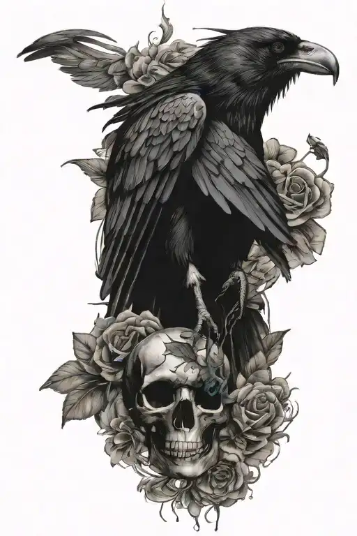 black raven with spreaded wings on top of a skull, surrounded with flowers tattoo design idea