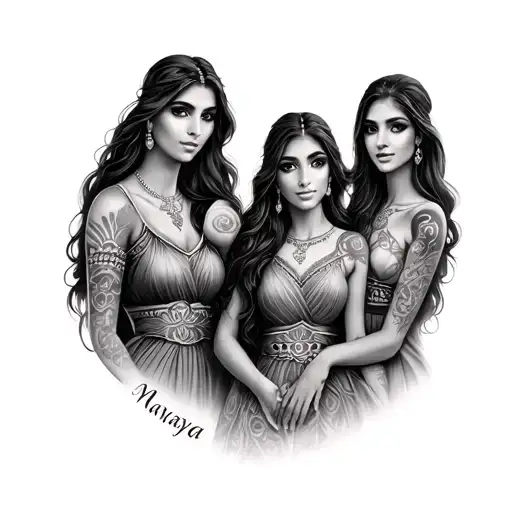 a full sleeve tattoo with names Navya, Maanya, Isha. a image which describes powerful woman , mother and two daughters  tattoo design idea