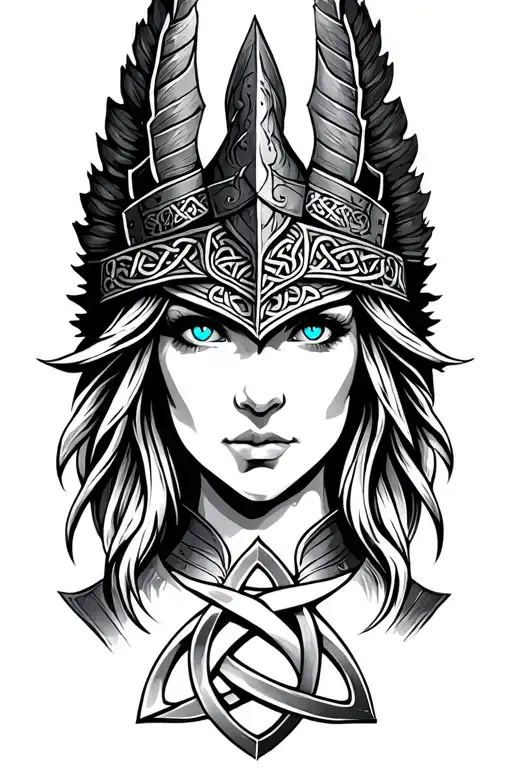 Valkyrie with blue eyes on armor tattoo design featuring Celtic trinity knot  tattoo design idea