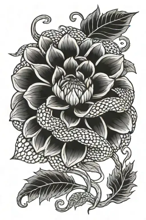 snake coiled dahlia flower tattoo design idea