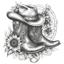 sunflowers, cowboy boots, cowboy hat, horse, horseshoe, in memory of my dad tattoo design idea