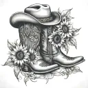 sunflowers, cowboy boots, cowboy hat, horse, horseshoe, in memory of my dad tattoo design idea