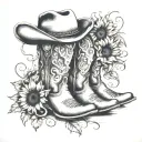 sunflowers, cowboy boots, cowboy hat, horse, horseshoe, in memory of my dad tattoo design idea
