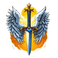 angel wings spread wind with a sword in the middle with a blue heart on the handle and little star as a halo tattoo design idea