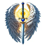angel wings spread wind with a sword in the middle with a blue heart on the handle and little star as a halo tattoo design idea