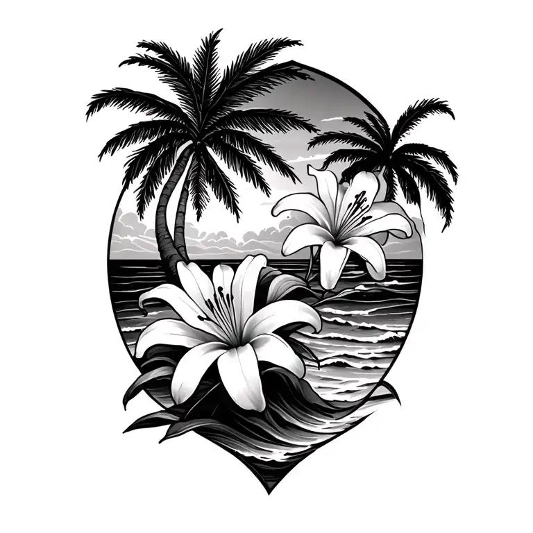 beach, waves crashing, palm tree, lily flower tattoo design idea
