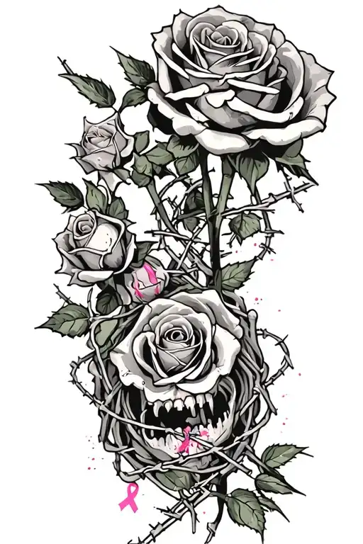 dead roses, barbed wire wrapped, and breast cancer awarness tattoo design idea