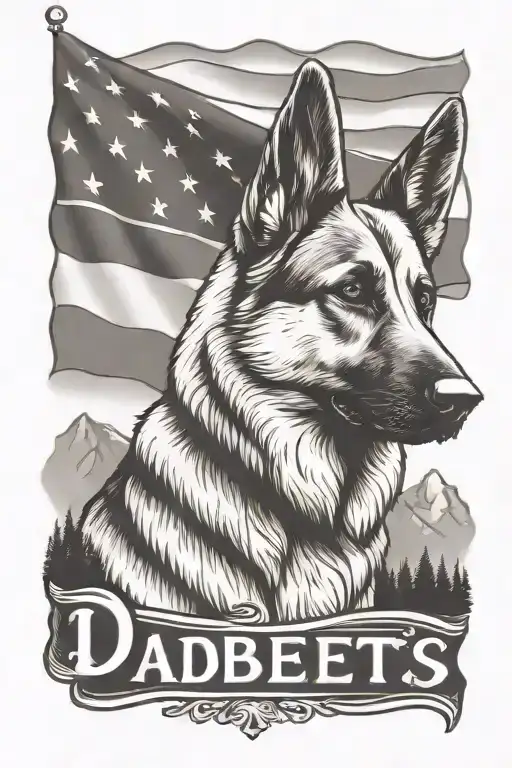 portrait of German shepherd wearing bracelet saying "diabetes" mountain scene American flag tattoo design idea
