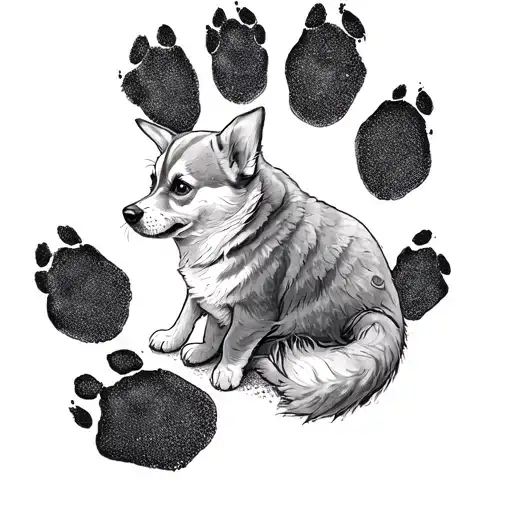 Mon beau garçon with paw prints in cursive writing, fine line tattoo design idea