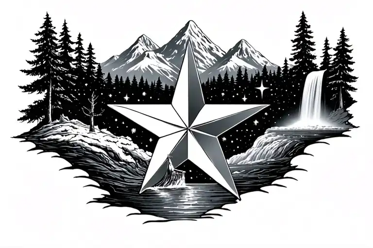 nautical star surrounded by trees, mountains and a waterfall. above is the stars in the sky black a white tattoo design idea