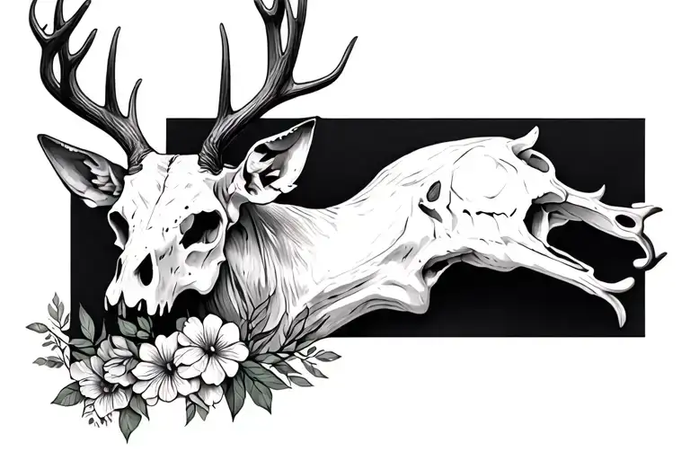 deer skull with antlers and some flowers tattoo design idea