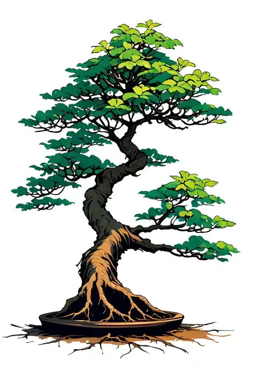 Bonsai tree with no pot exposed fine roots minimal foliage tattoo design idea