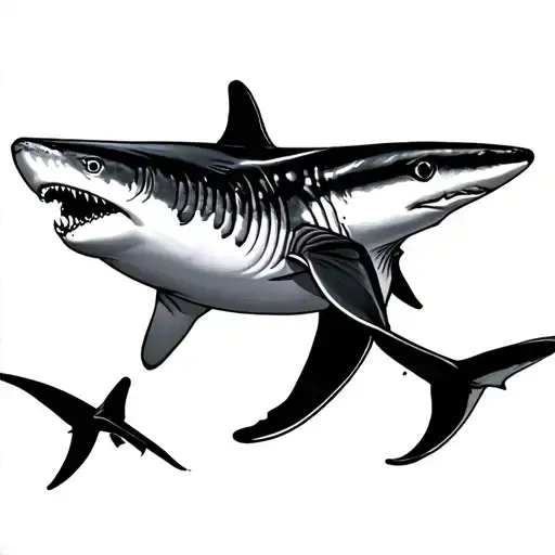 Overhead view of hammerhead shark, whale shark, and black tip shark tattoo design idea
