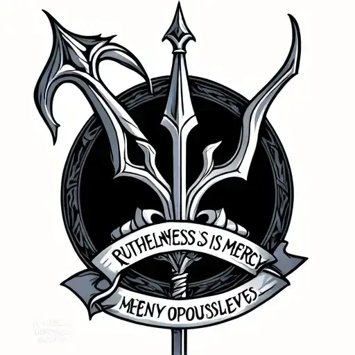 a trident with the words "ruthlessness is mercy opon ourselves" tattoo design idea