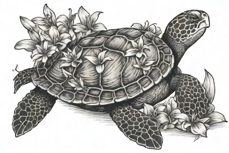 single Sea Turtle With Lilac And Lily Flowers Blooming Tattoo tattoo design idea