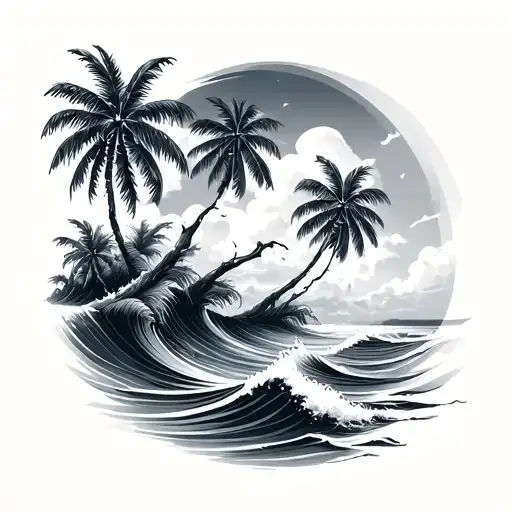 palm trees and waves tattoo design idea