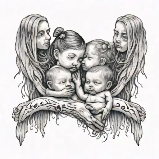 3 big sisters and 1 little brother holding the hand of a soul of a baby that died tattoo design idea