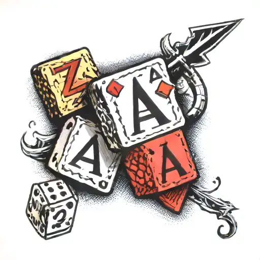 Two Dices showing the number 2 and 7, One face showing a trident, One face showing the letter A tattoo design idea