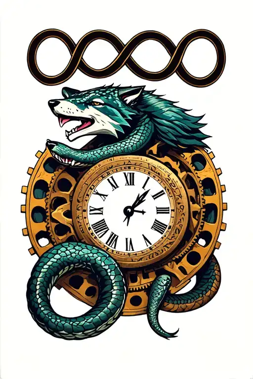 A colored tattoo of a snake and a wolf around a clock with cogs, surrounded by the symbol of infinity tattoo design idea