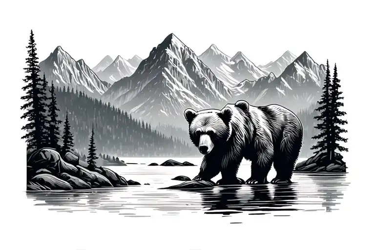 mountains and river with bear tattoo design idea