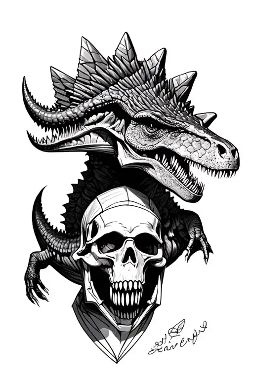 Draw a ankylosaurus and a Tyrannosaurus with a GRIM REAPER around GEOMETRIC SHAPES tattoo design idea