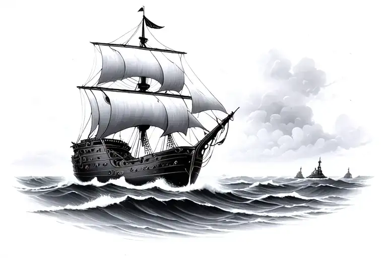 Black Pearl Ship on misty sea tattoo design idea
