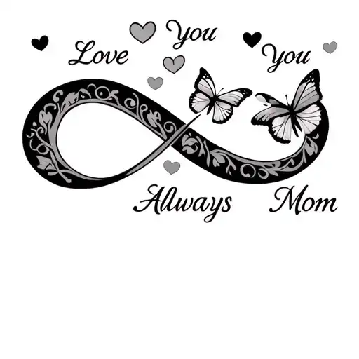 infinity symbol with 3 butterflies  and 5 hearts "Love you Always Mom" inside infinity symbol. "1953-2025 under infinity tattoo design idea