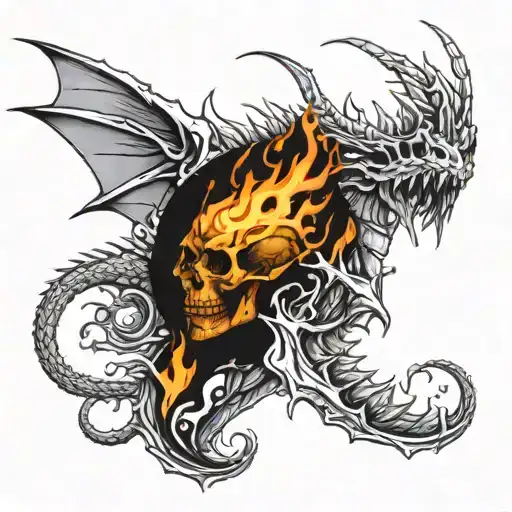 skull and fire breathing dragon tattoo design idea