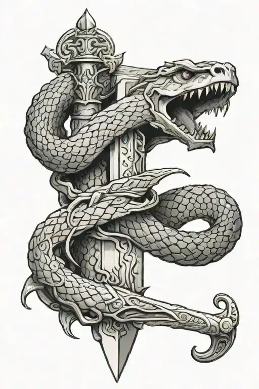 longsword into king arthurs stone with a snake wrapped around tattoo design idea