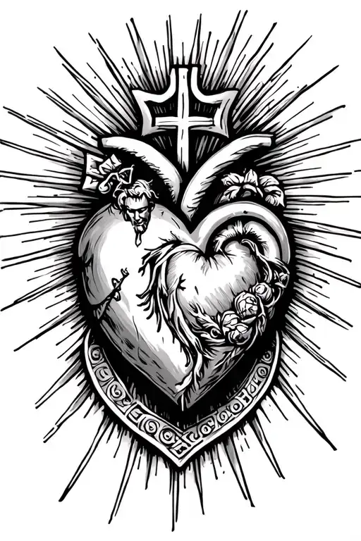Greek gods and a heart with rays and a cross tattoo design idea