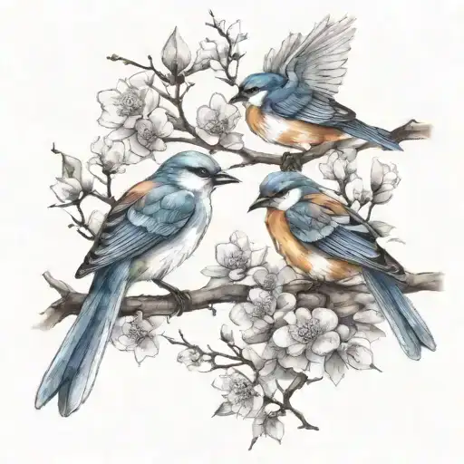 3 birds with branches and sakura blossoms tattoo design idea