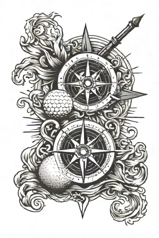 Golf ball, rough seas, compass rose intertwined tattoo design idea