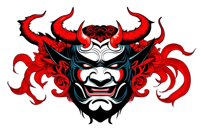 japanese mask back with devil on top halfway filling tattoo design idea
