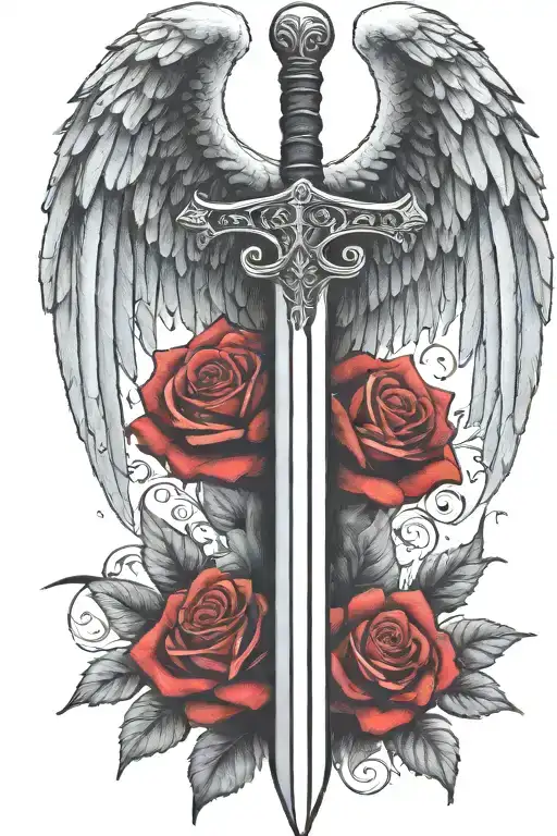 angel wings behind a sword, roses tattoo design idea